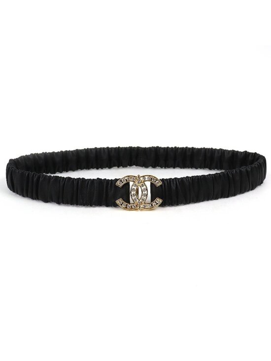 Chanel CC Logo Line Stone Buckle Leather Rubber Belt Black Gold main image 6